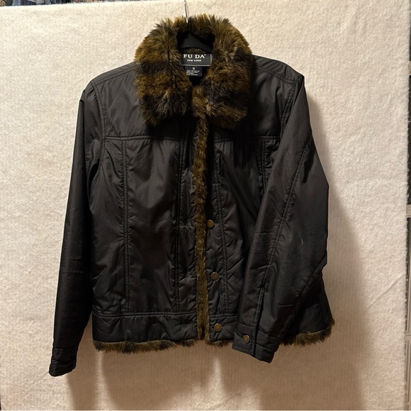 FUDA New York  Women’s Fur Trim Jacket Size S Black Button Pockets EUC - Picture 8 of 11
